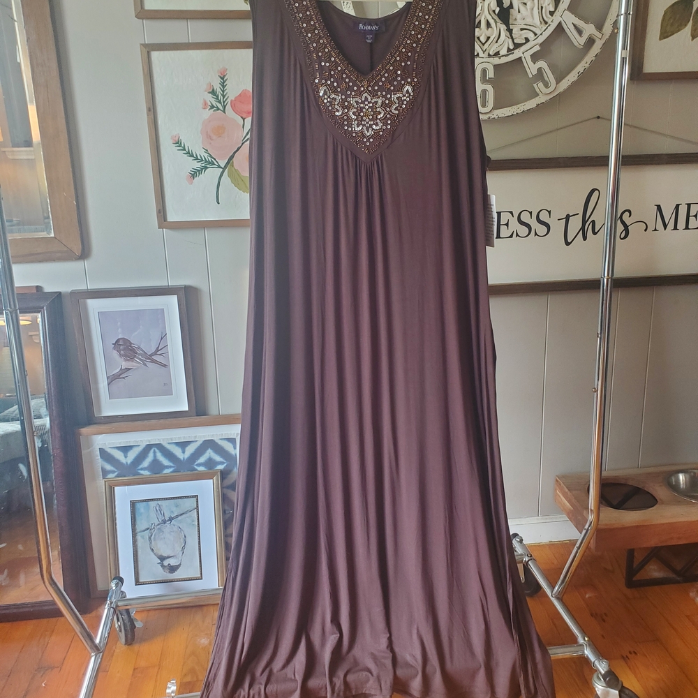 Roaman's Brown Maxi Dress with Embellished Neckline